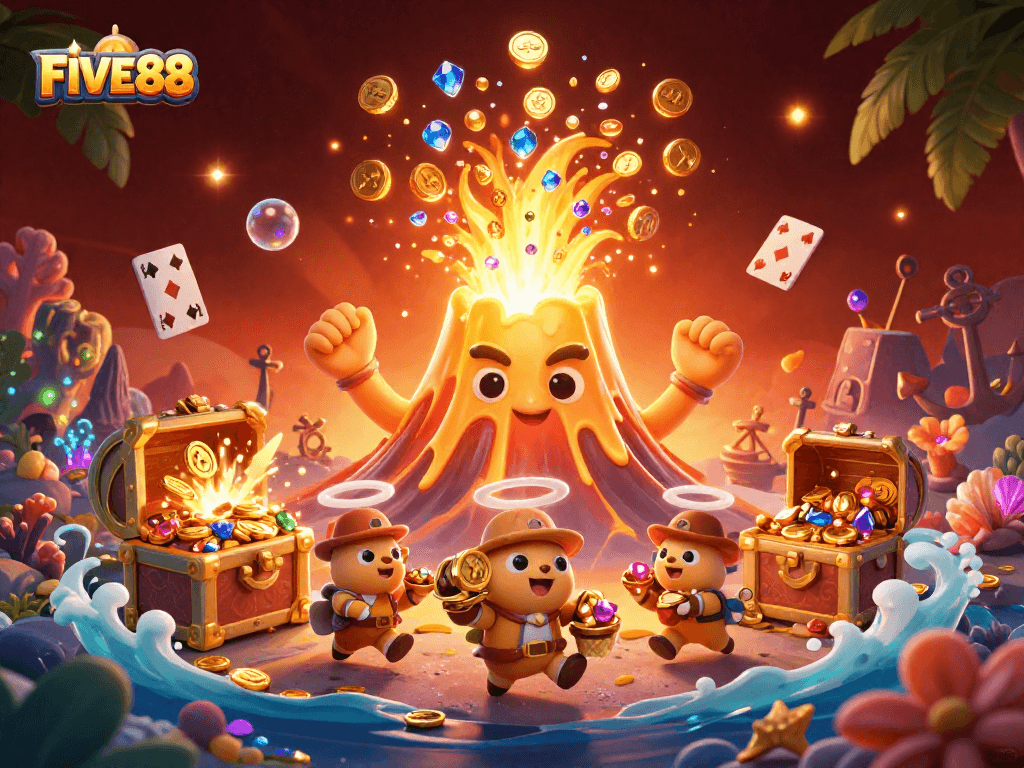 FIVE88 showcases vibrant gaming excitement with treasure-filled adventures in a colorful 3D illustration.