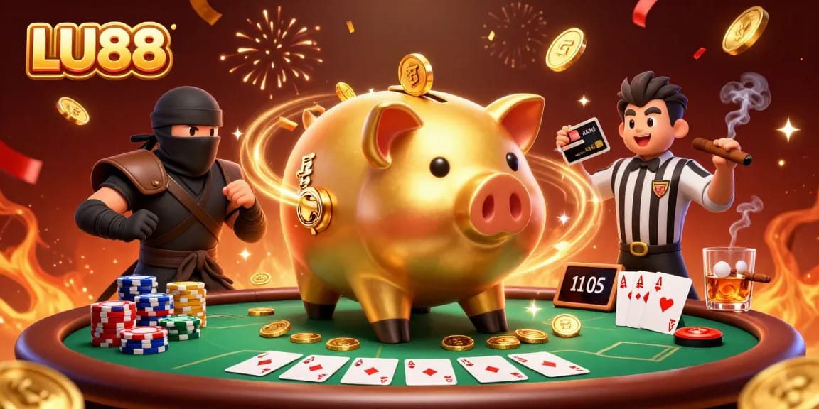 LU88 engages in epic gameplay with a golden piggy bank sumo wrestler and a ninja for thrilling casino action.