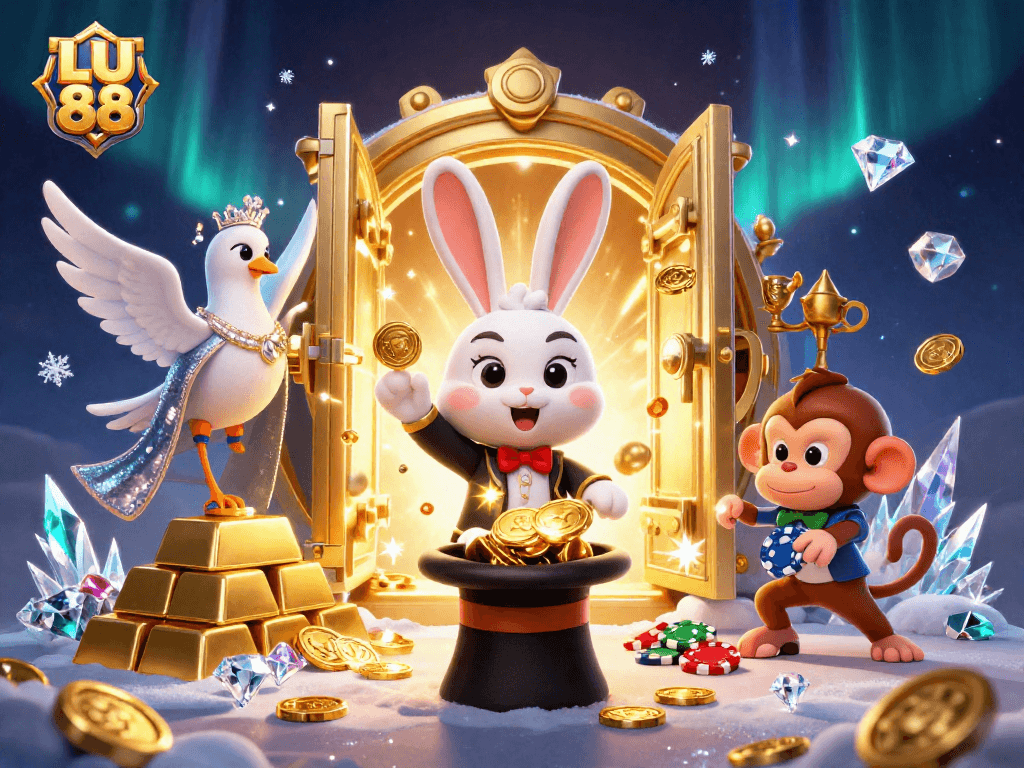 Bet on LU 88 with vibrant 3D characters celebrating casino wins amid treasures.
