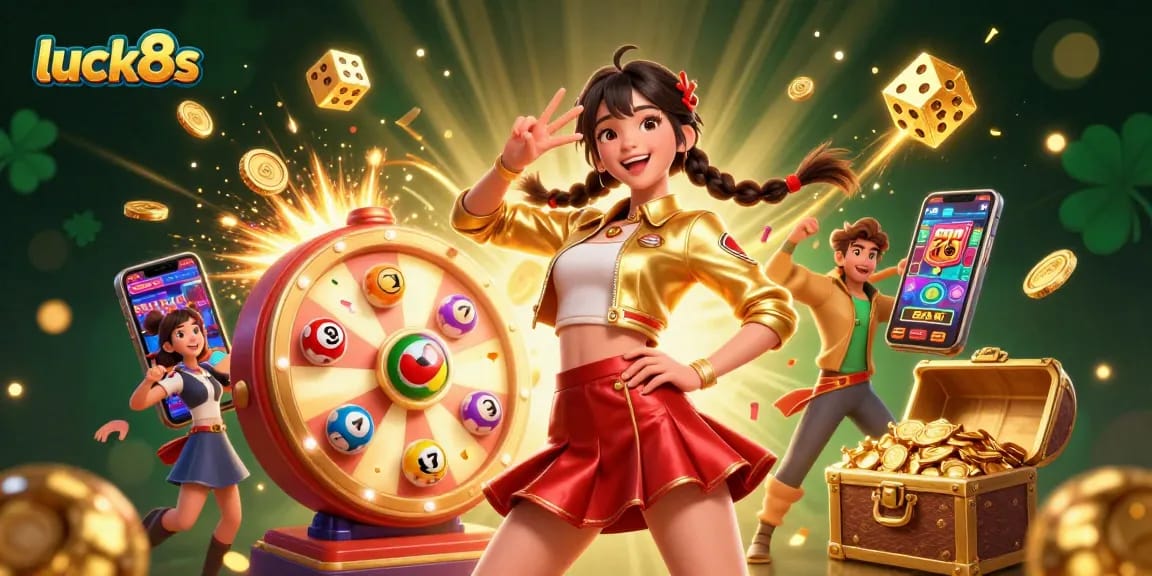 Experience luck8s with a lively casino scene featuring a smiling woman celebrating wins with colorful elements around her