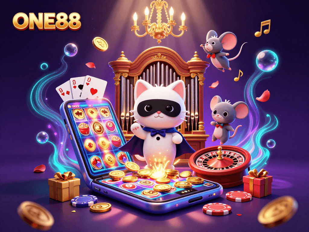 ONE88 captivates with vibrant slot games, golden coins, and enchanting casino characters.