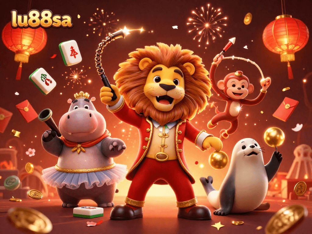 Engage with the vibrant world of lu88sa featuring circus characters and festive elements shining in this 3D illustration.