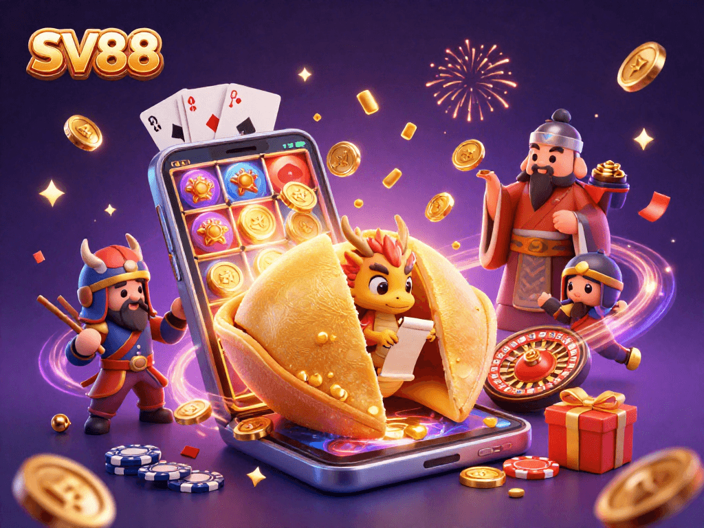 SV88 offers players a winning experience with golden fortune cookie characters in a vibrant casino scene.