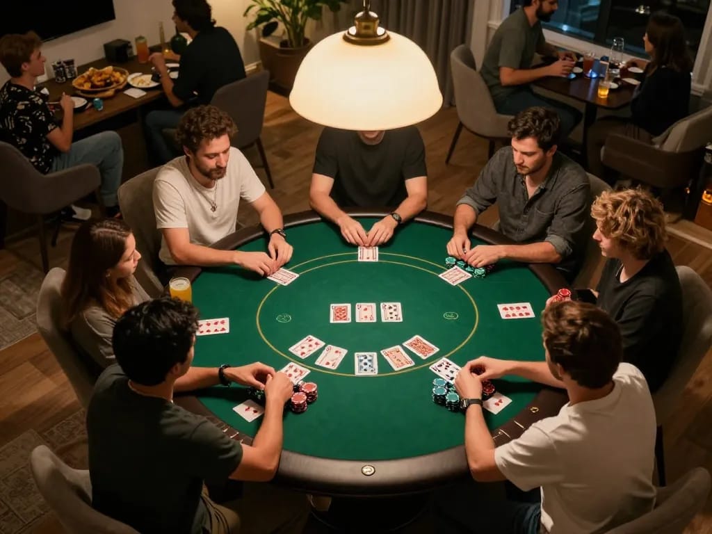 Engaged players enjoying poker at home during a friendly game night with 789BET cards and chips.