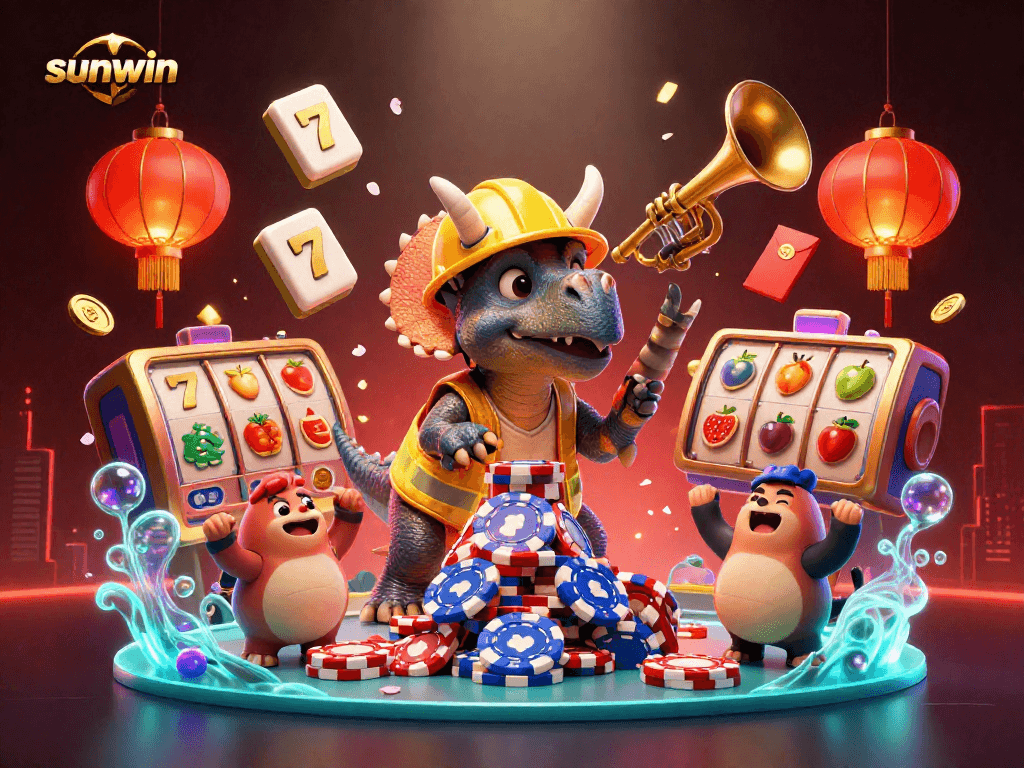 Celebrate wins at sunwin with vibrant 3D casino characters and dynamic slot game elements.