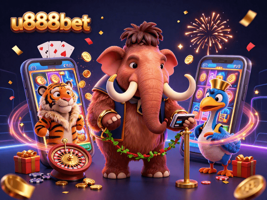Experience thrilling fun at u888bet with a vibrant casino scene featuring an imaginative bouncer and guests.
