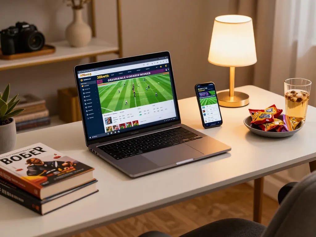 Engaging home betting setup showcasing 28bet8 app on laptop and smartphone, creating a strategic gaming atmosphere.