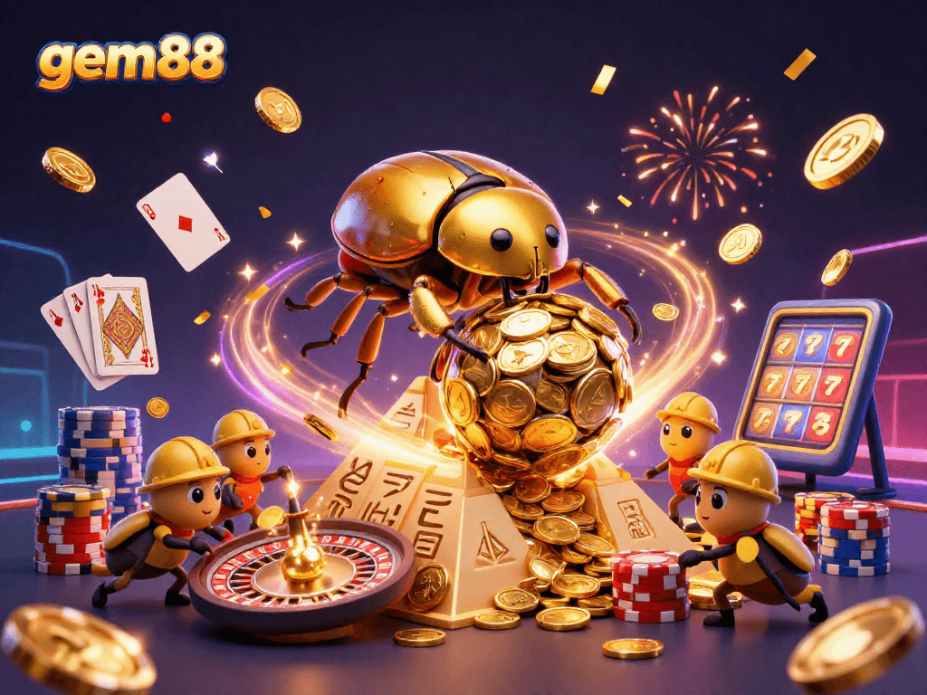 Experience excitement with gem88 as a golden dung beetle rolls coins amid vibrant casino elements.