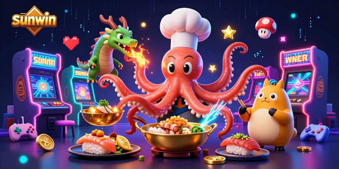 Experience sunwin's thrilling casino adventure with a dynamic sushi chef octopus and dragon!