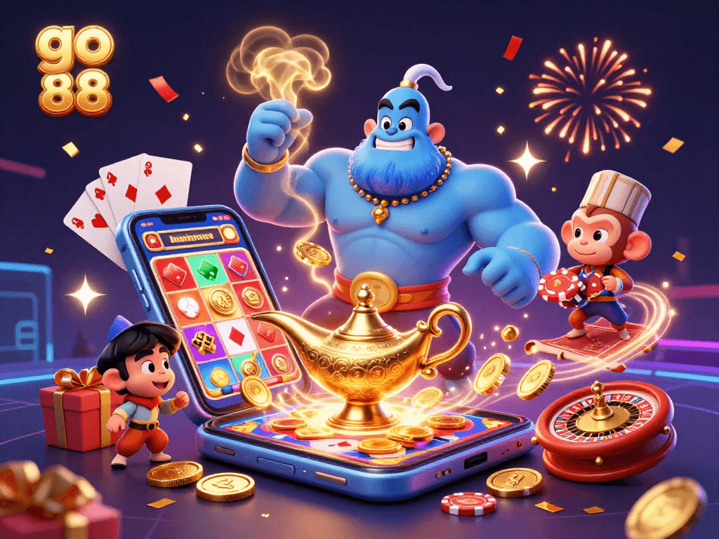 Engage with the excitement in go 88, showcasing a genie, monkey, and poker chips in a colorful casino scene.