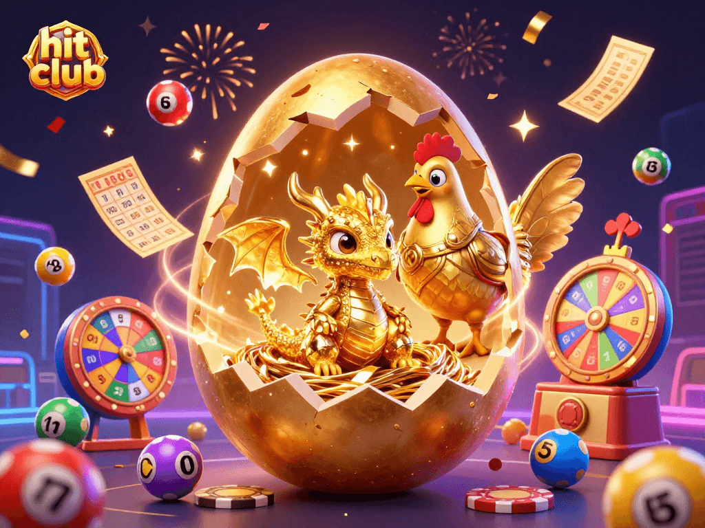 Experience excitement at hit club with a golden egg revealing a dragon amidst vibrant casino elements.