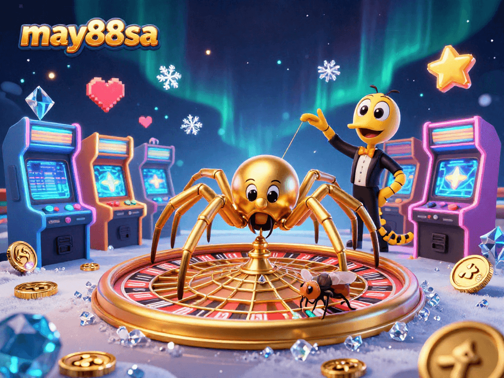 Experience thrilling bets with may88sa in a vibrant casino-themed 3D illustration featuring animated characters.
