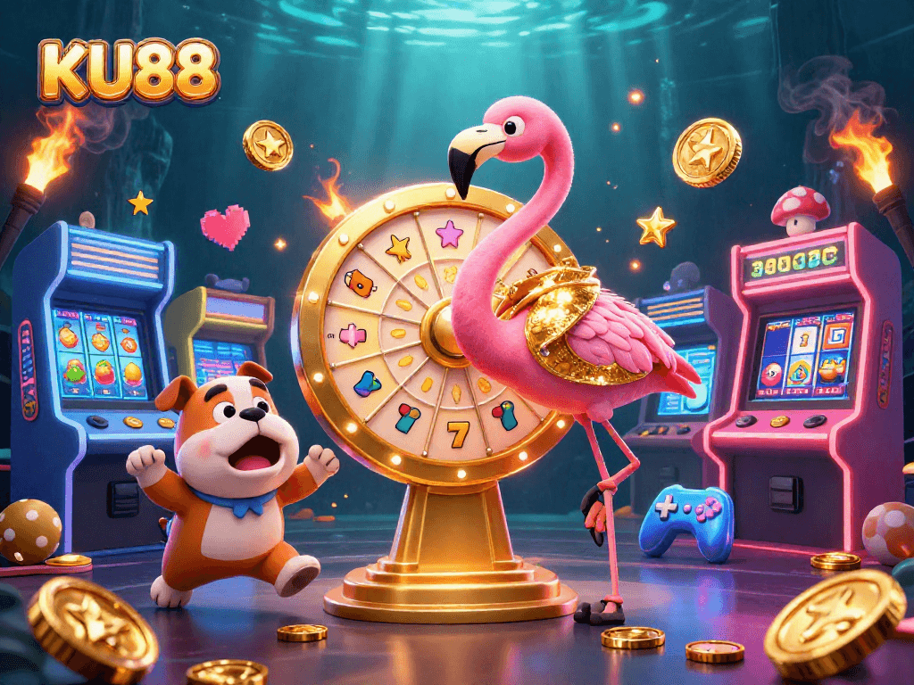 Experience exciting jackpots with KU88's animated prize wheel and vibrant casino elements.