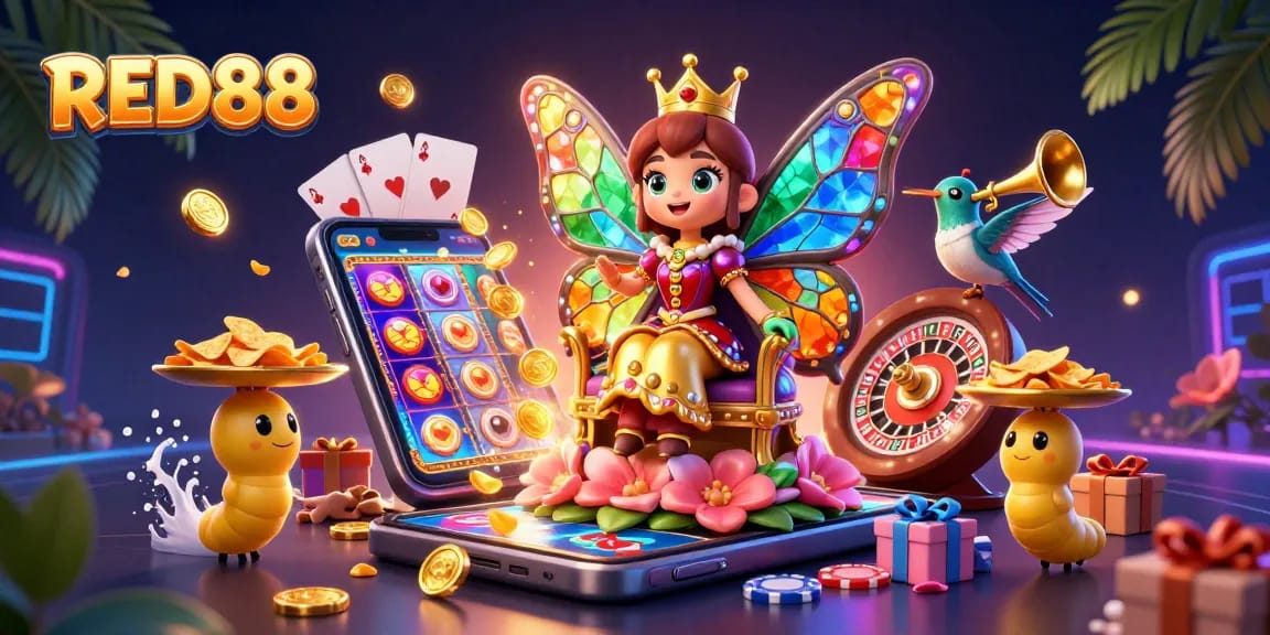 Experience RED88 with vibrant gaming action featuring a butterfly queen, chips, and slot games.