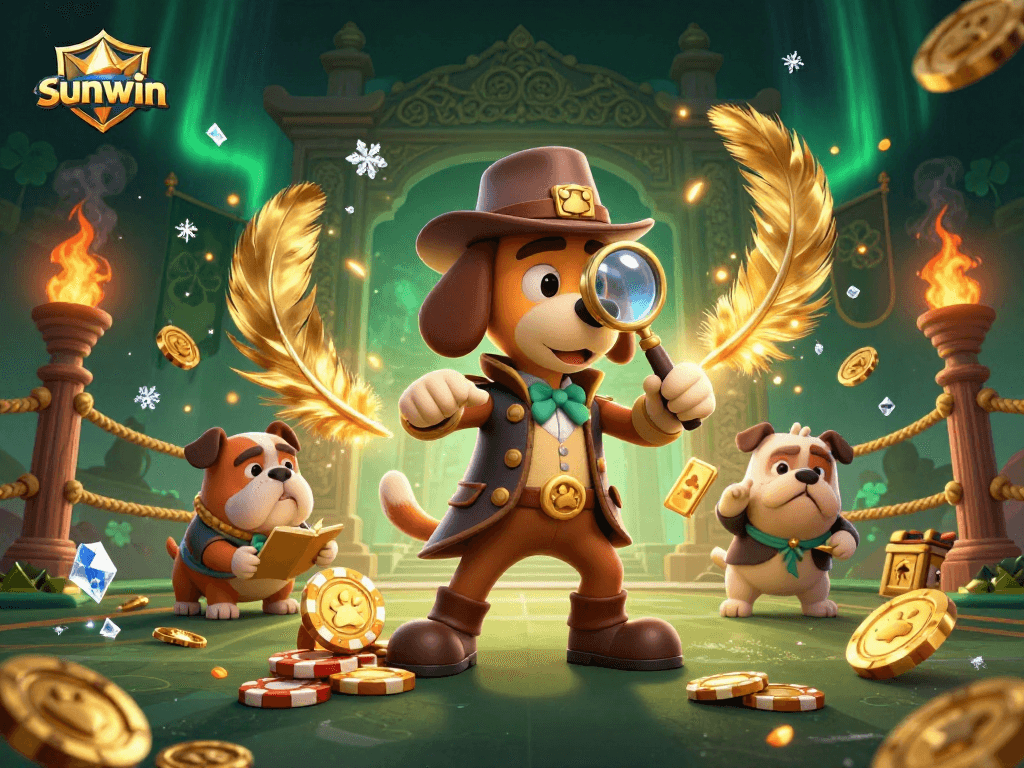 Uncover treasure with sunwin as a cartoon detective examines a poker chip around casino elements.