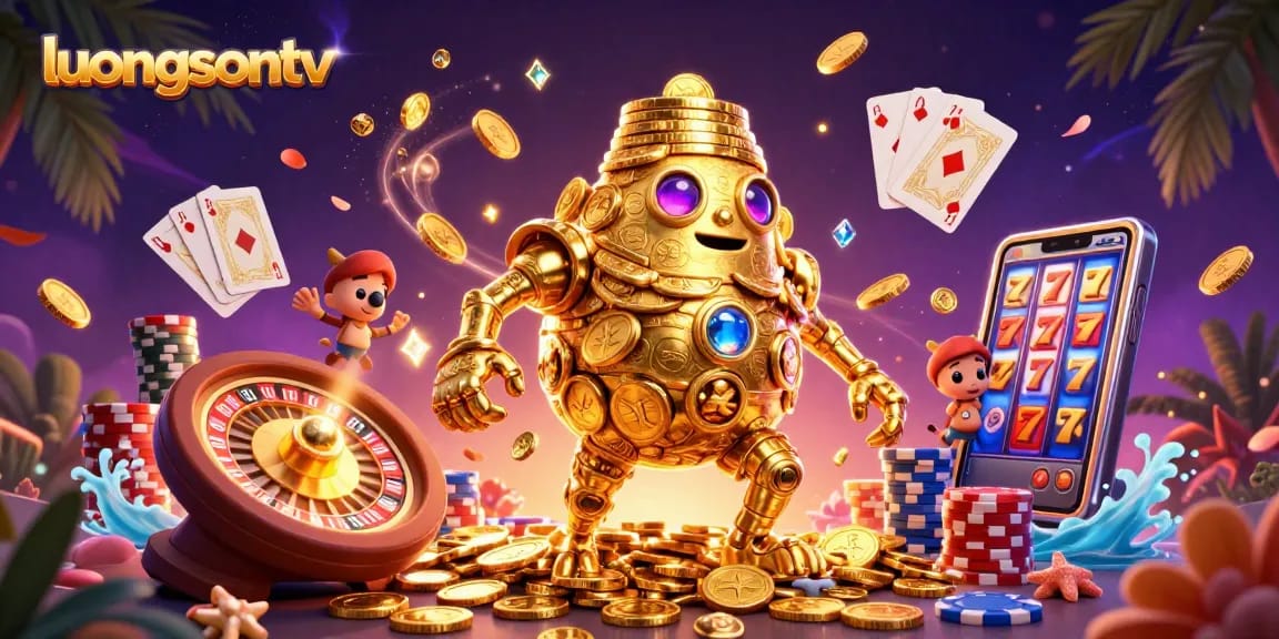 Experience vibrant gaming with luongsontv, featuring a golden golem and dynamic casino elements.