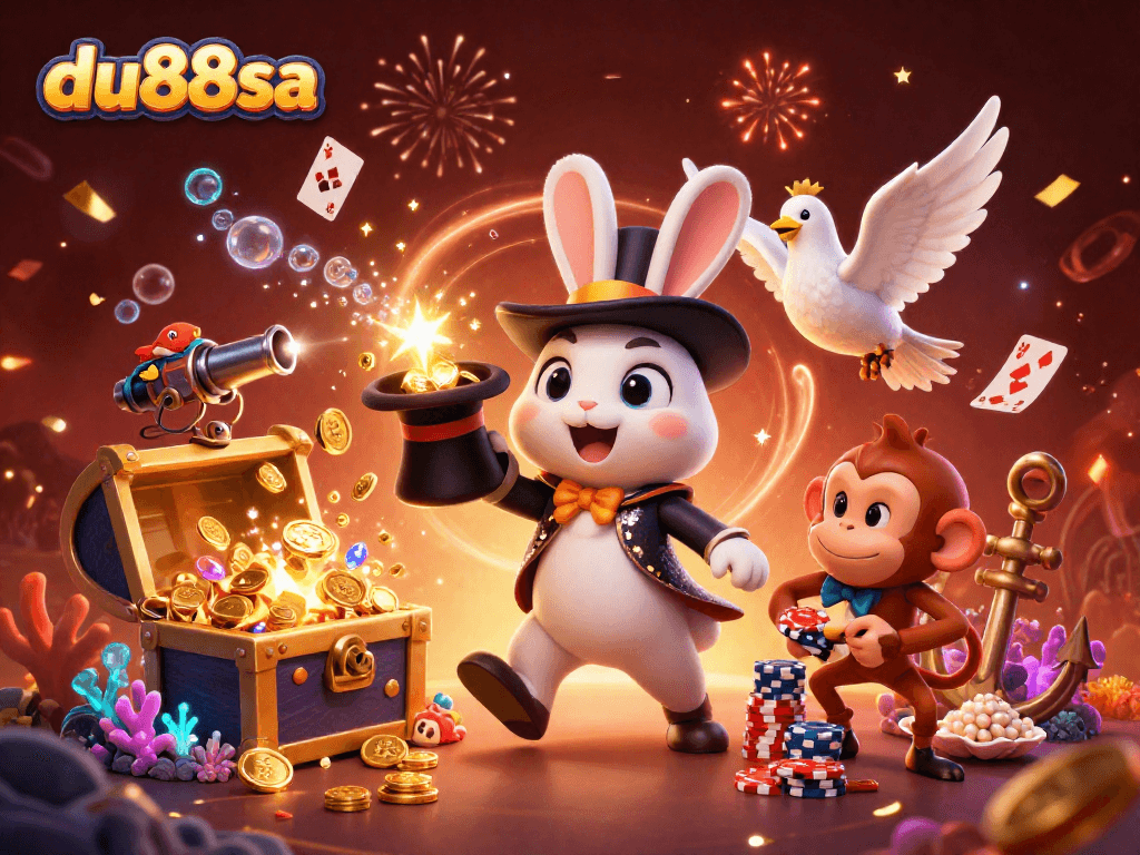 Experience the thrills of du88sa with a magician rabbit conjuring coins amidst vibrant casino elements, celebrating luck!