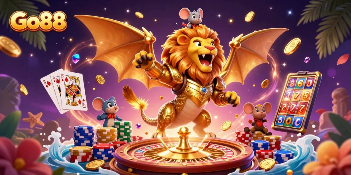 Go88 engages players with a dynamic scene of golden treasures, vibrant characters, and thrilling casino elements.