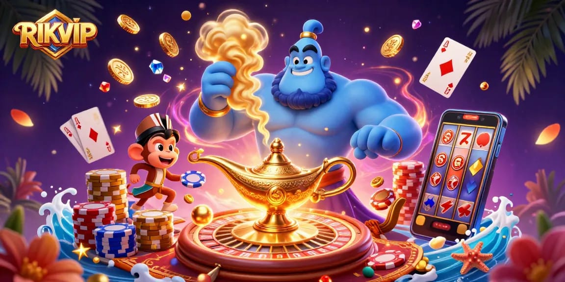 Experience the magic of RIKVIP in this vibrant 3D illustration of a genie, poker chips, and casino excitement.