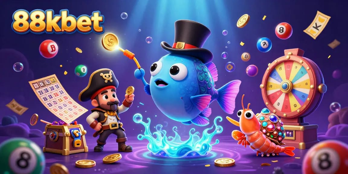 Experience thrilling wins at 88kbet with colorful lottery elements and ocean-themed characters.