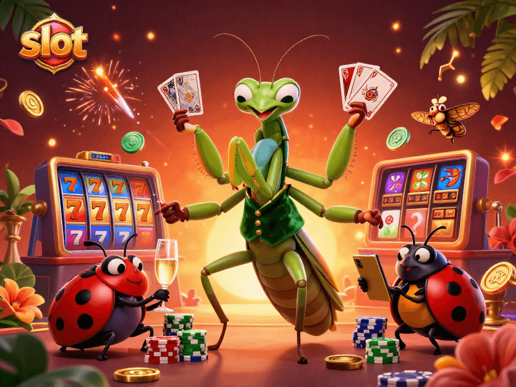 Engage in thrilling slot games with a vibrant 3D casino illustration featuring dynamic characters and action.