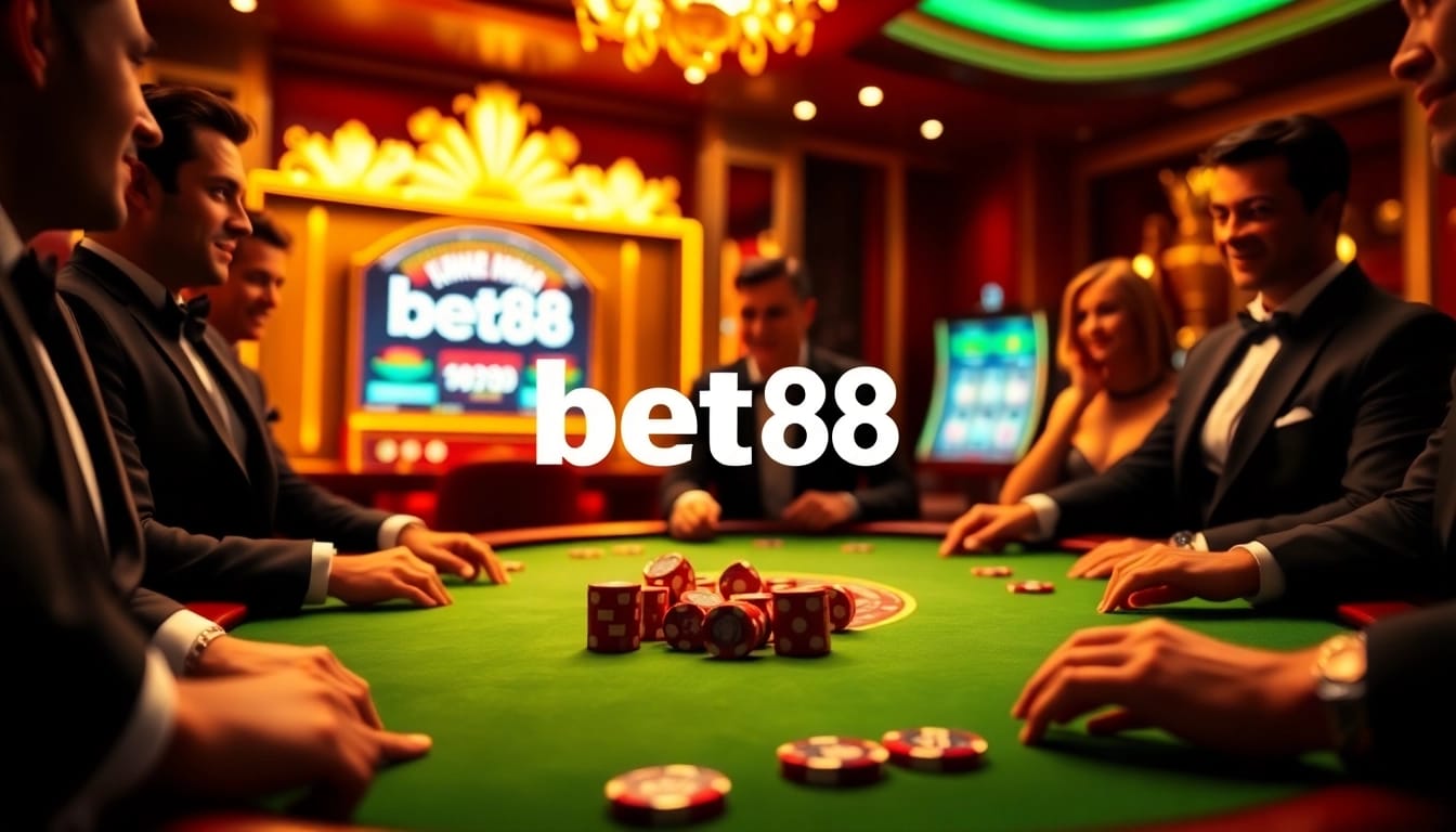 Experience high-stakes poker gameplay at Bet88 with vibrant chips and exciting atmosphere.