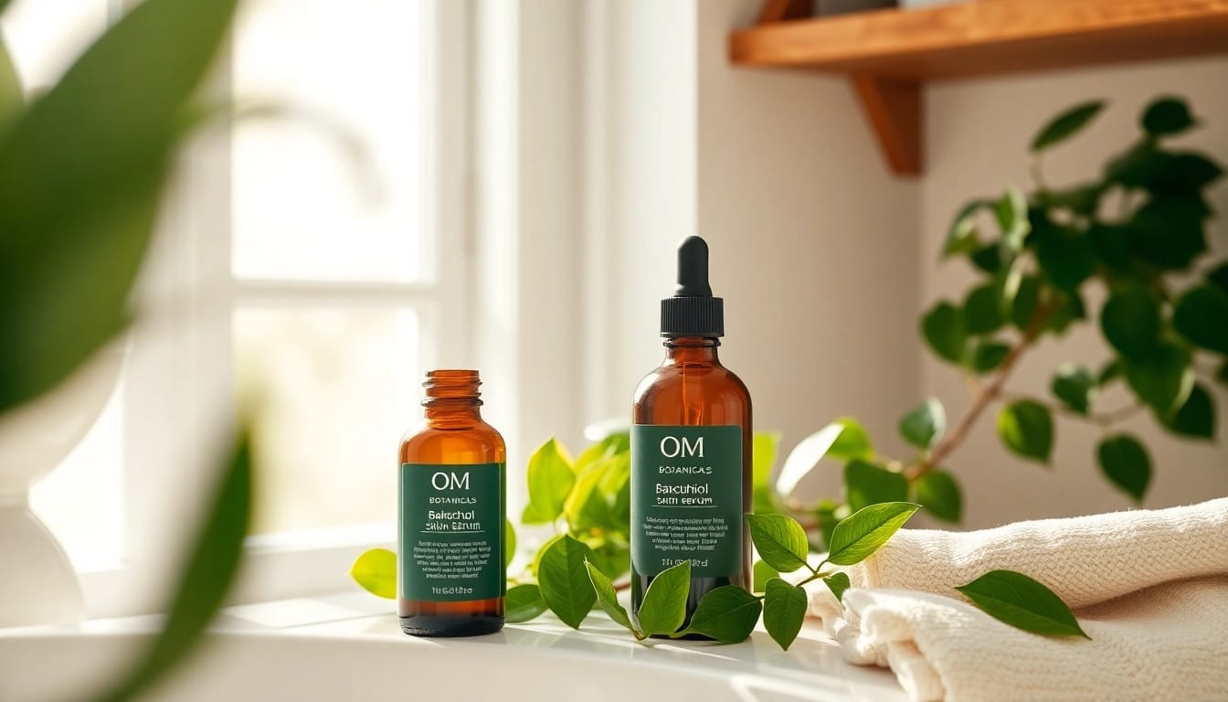 Bakuchiol serum showcased in a serene, organic bathroom setting emphasizing natural beauty and skincare.