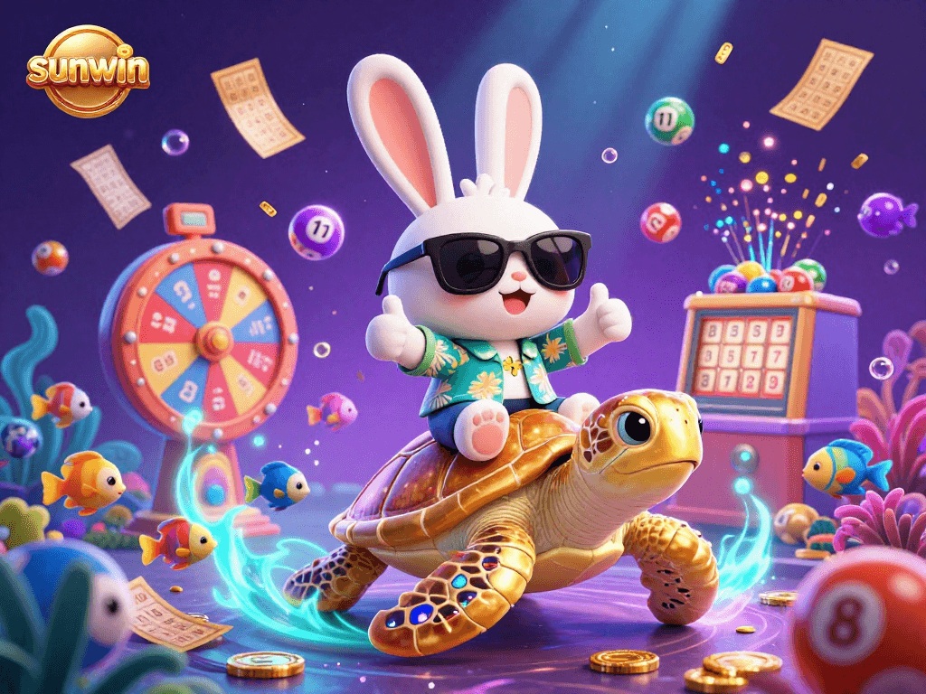 Join the sunwin celebration with a lucky rabbit and turtle in a vibrant casino adventure.