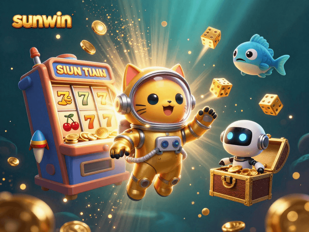 Experience vivid adventures with sunwin as a golden slot machine bursts in a dynamic casino scene.