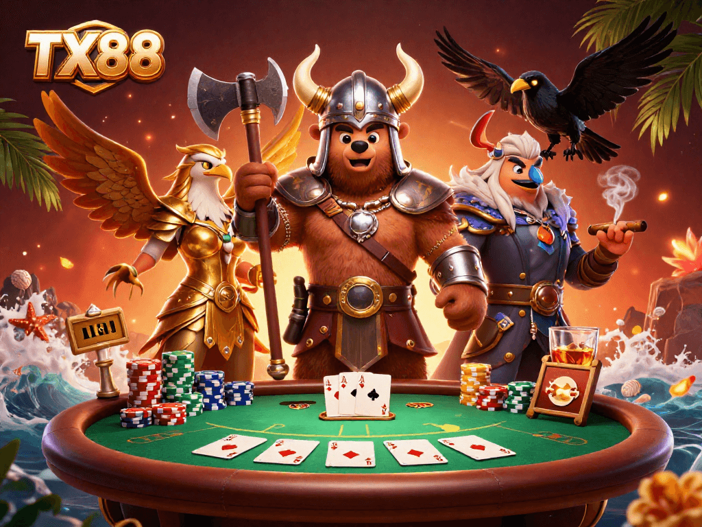 TX88 poker scene showcasing a Viking bear and Valkyrie eagle with vibrant casino elements
