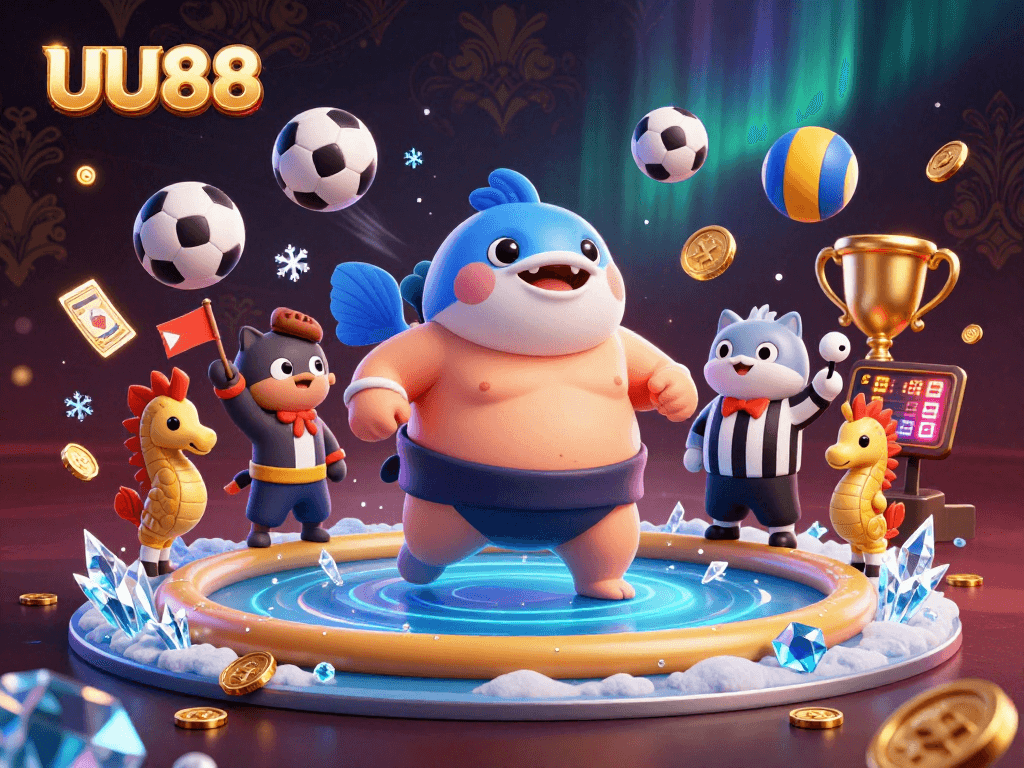 UU88 players engaging in a vibrant underwater casino showdown with dynamic sports elements.