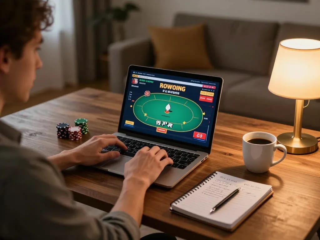 Engaging scene of online poker gameplay at home featuring casino 88vv with strategic notes in a cozy atmosphere.