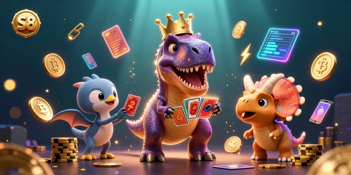 Engage with S8's vibrant gaming scene featuring a fun T-Rex and adorable characters bustling around financial gaming elements.