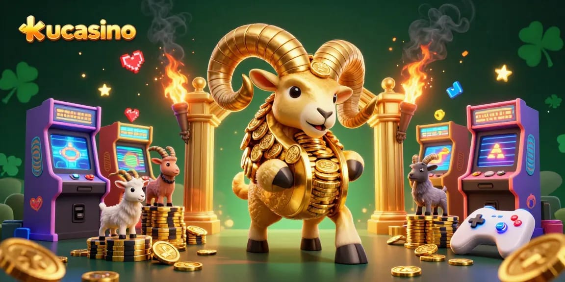 Experience thrilling gameplay with kucasino's animated golden ram amidst a vibrant casino scene.