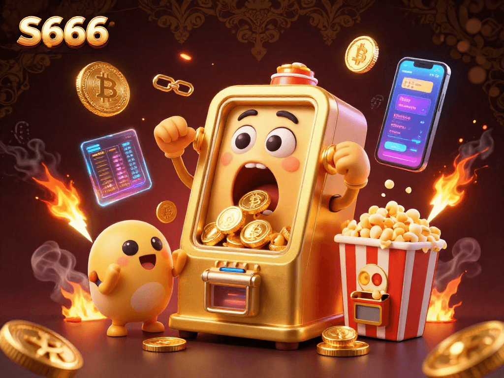 S666 jackpot celebration illustration featuring a golden slot machine, cheering baby slots, and crypto elements.
