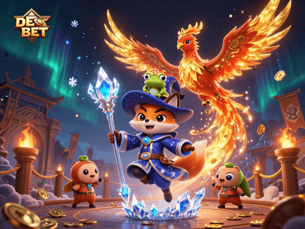 Engage in the thrilling world of DE BET with a mystical wizard, a phoenix, and rich gaming symbols.