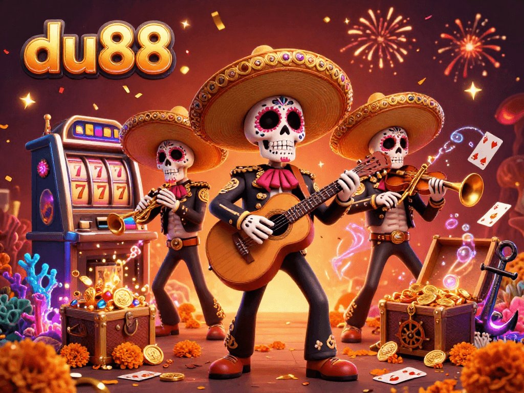 Experience thrilling wins at du88 with a vibrant 3D mariachi scene filled with slot machines and treasures.
