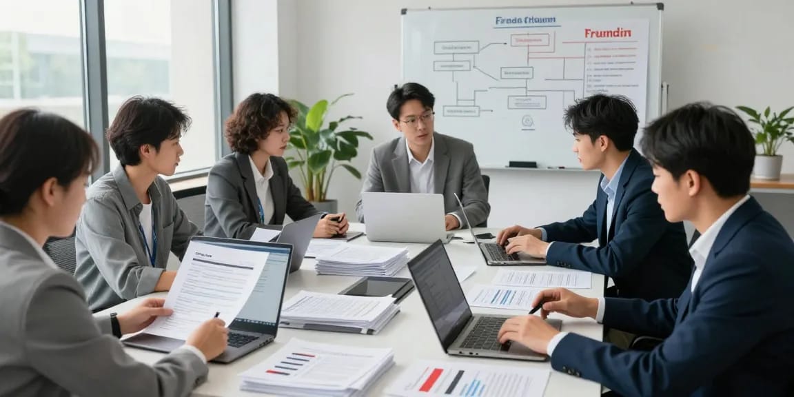 Dynamic team tackling document fraud detection in professional office, showcasing collaborative analysis and strategic planning.