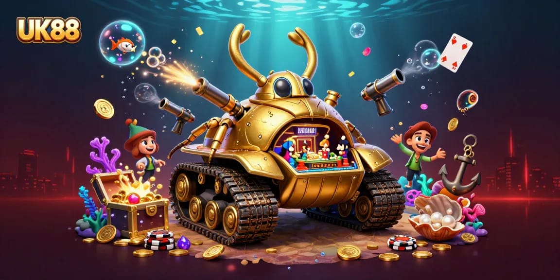 Engage with UK88's unique 3D casino experience bursting with gold coins and vibrant elements.