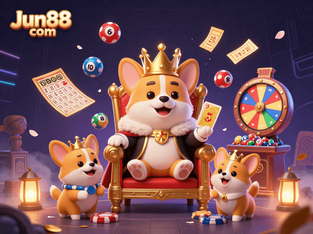 Join Jun88 com in a 3D vibrant casino scene filled with animated gaming elements like lottery balls and golden tickets.
