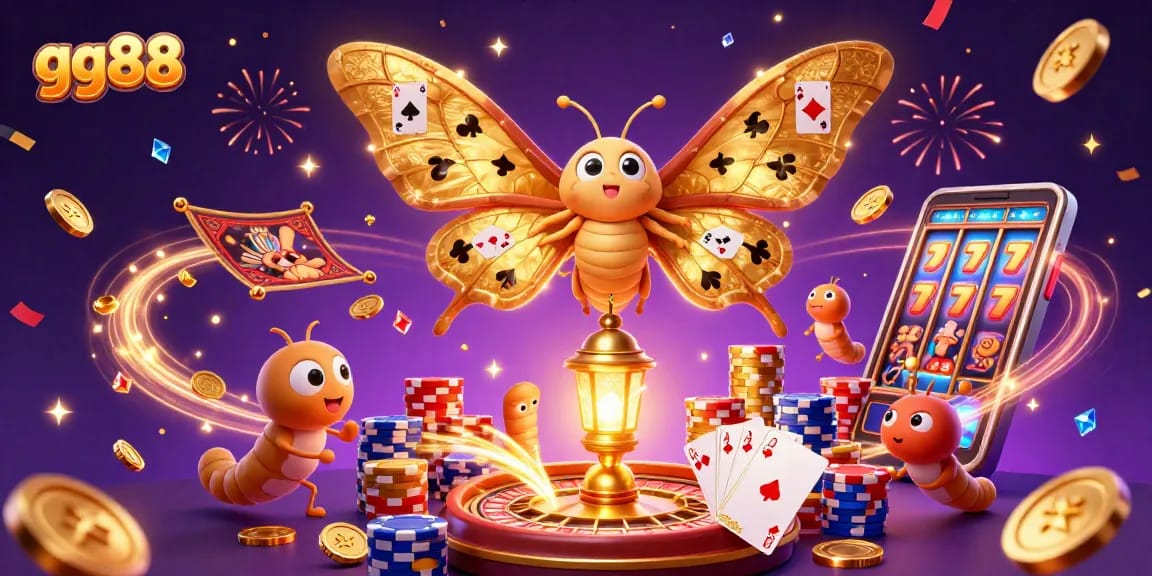 Experience the excitement of gg88 with a colorful casino illustration featuring vibrant moths and playful gaming elements.