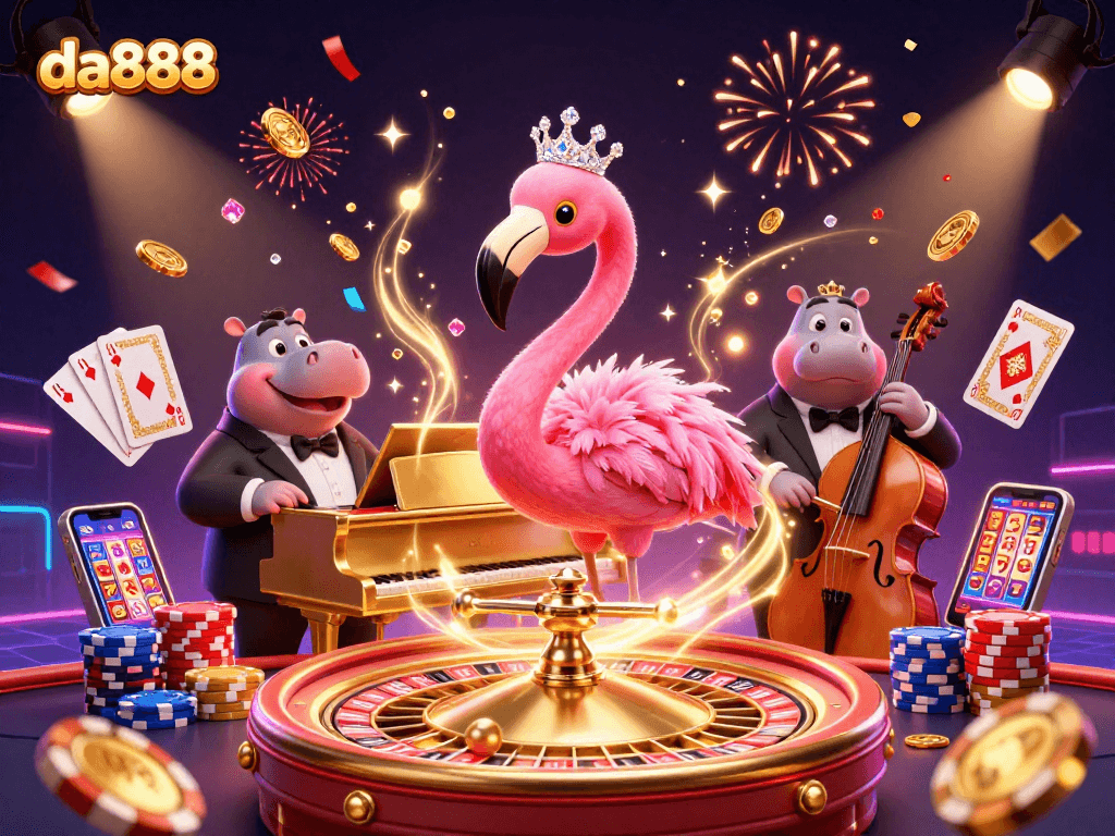 Experience thrilling wins at da888 with this vibrant casino scene complete with lively characters and exciting games.