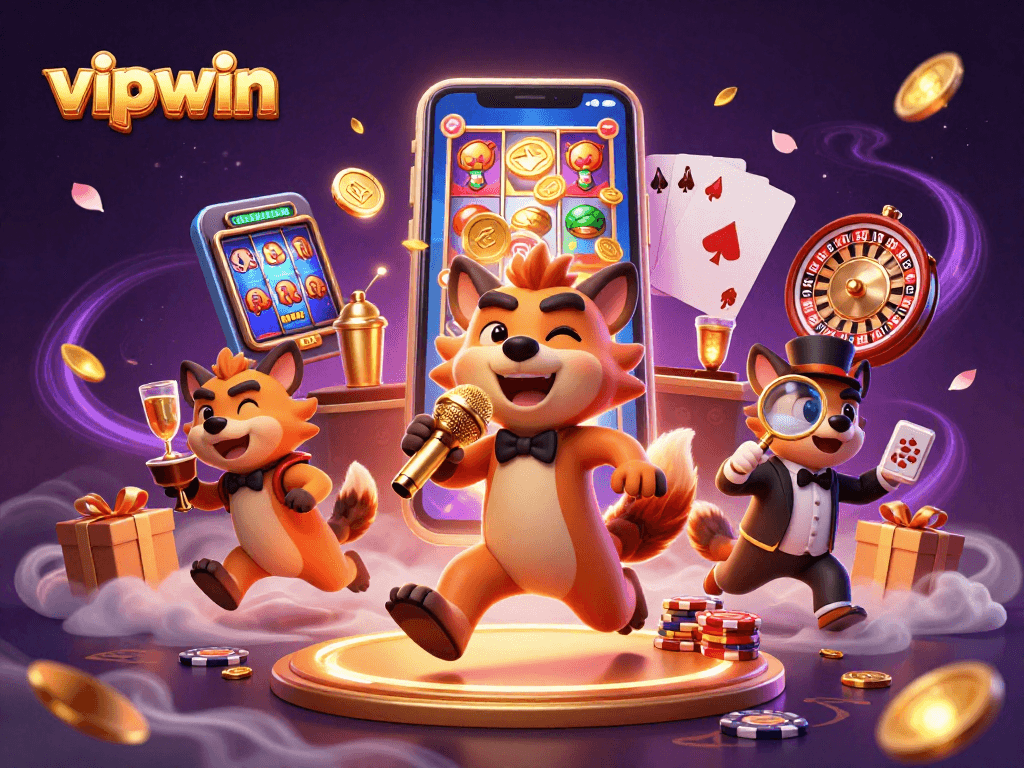 Experience vipwin's vibrant casino scene with hyenas, games, and festive decorations.