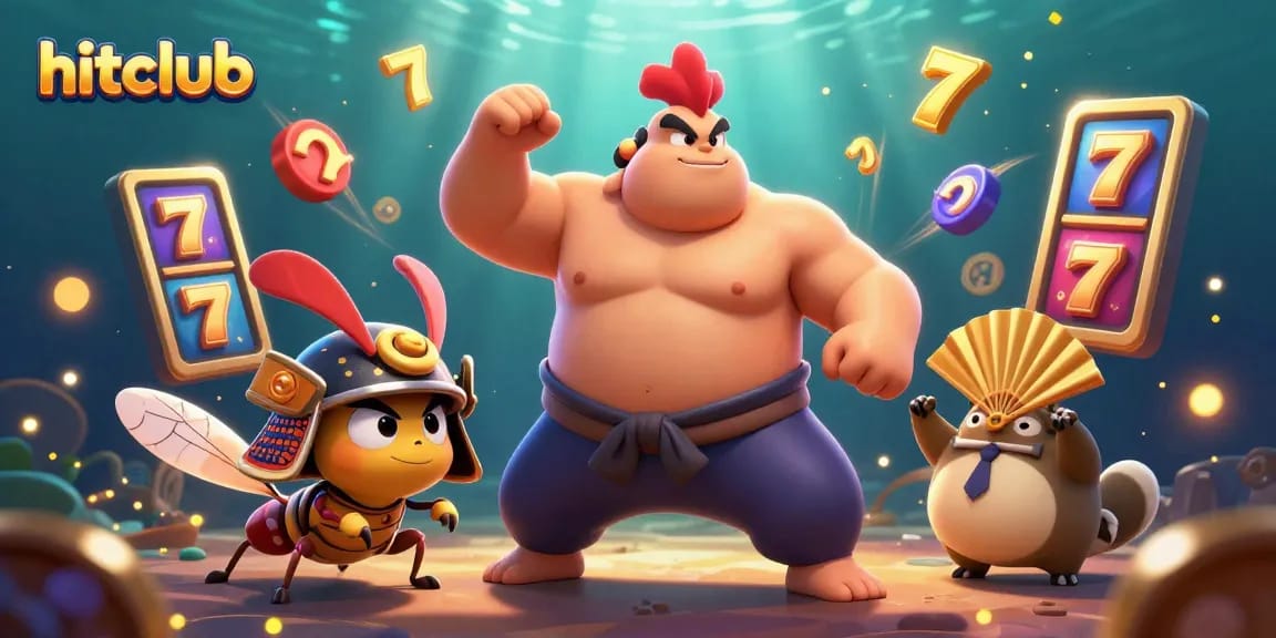 Witness the excitement of hitclub with a dynamic sumo rooster and samurai cricket amidst colorful slots and jackpot elements.