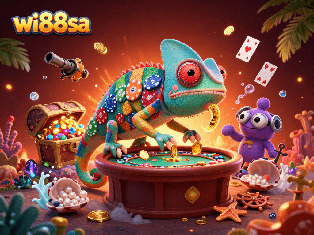 Experience dynamic gaming with wi88sa featuring a colorful chameleon casino owner and vibrant treasure elements.