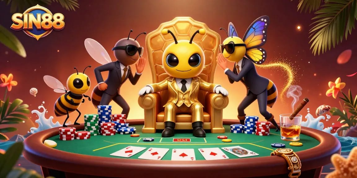 SIN88 showcases a playful bumblebee mob boss at a vibrant poker table with high-stakes excitement