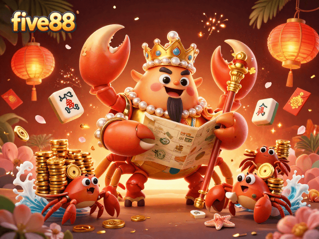 Experience the excitement of five88 with this vibrant 3D casino illustration featuring a golden crab emperor and rich game elements.