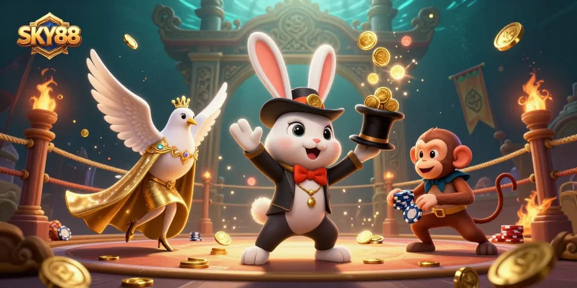 Engage with SKY88's magical scene featuring a magician rabbit pulling coins, immersed in vibrant casino action.