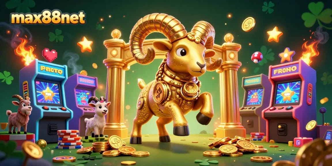 Engage with max88net's exciting gaming universe as a golden ram charges through a vibrant casino.