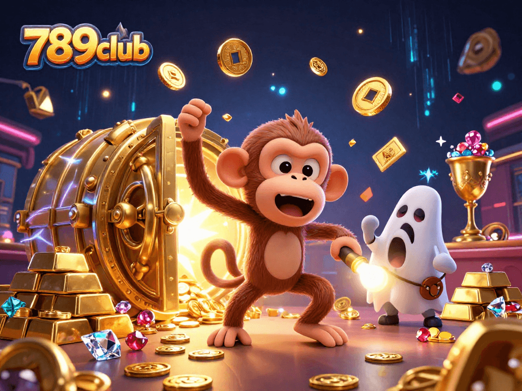 Experience thrilling gaming adventures with 789club's playful poltergeist in a dynamic casino scene.